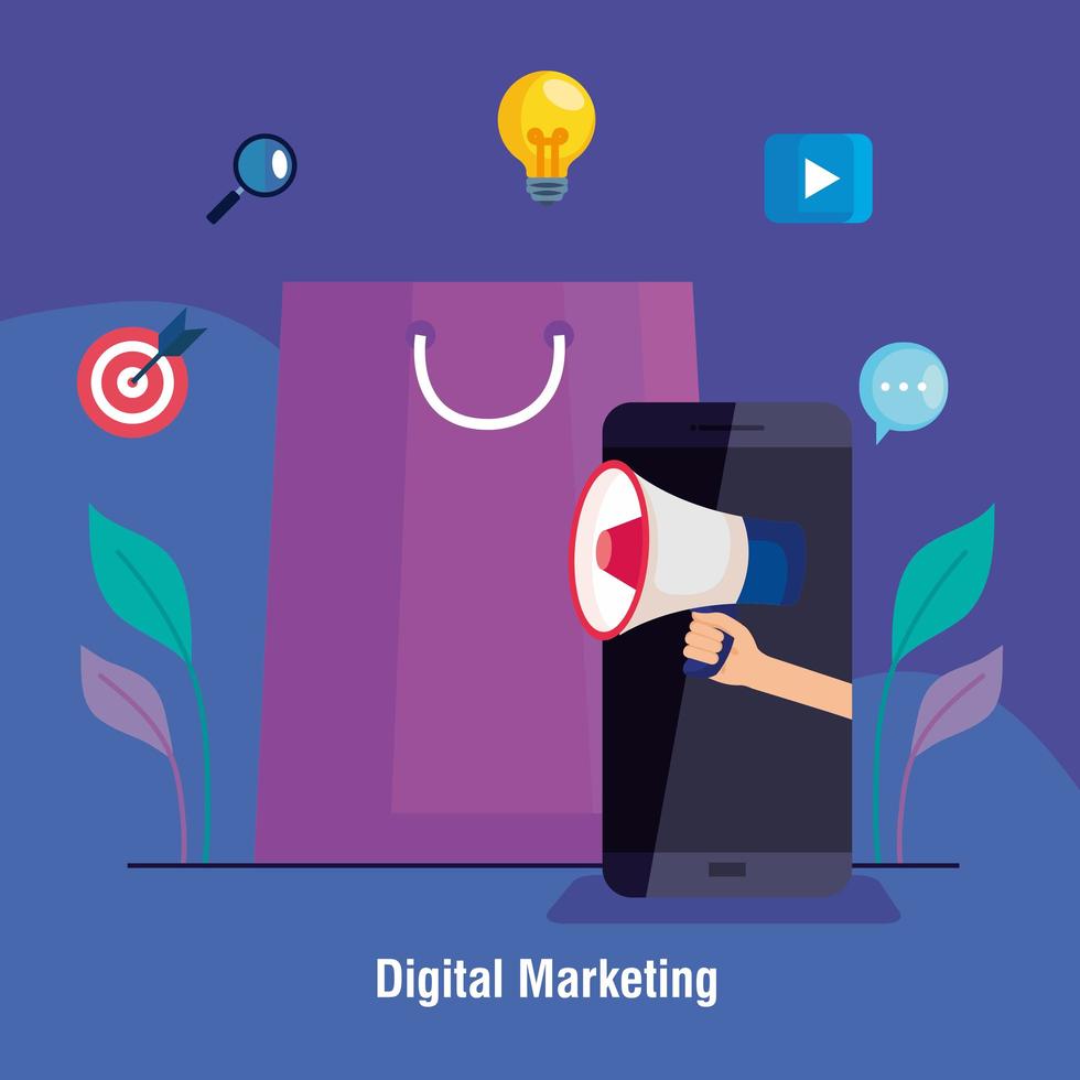 Smartphone y bolso con conjunto de iconos de diseño vectorial de marketing digital vector
