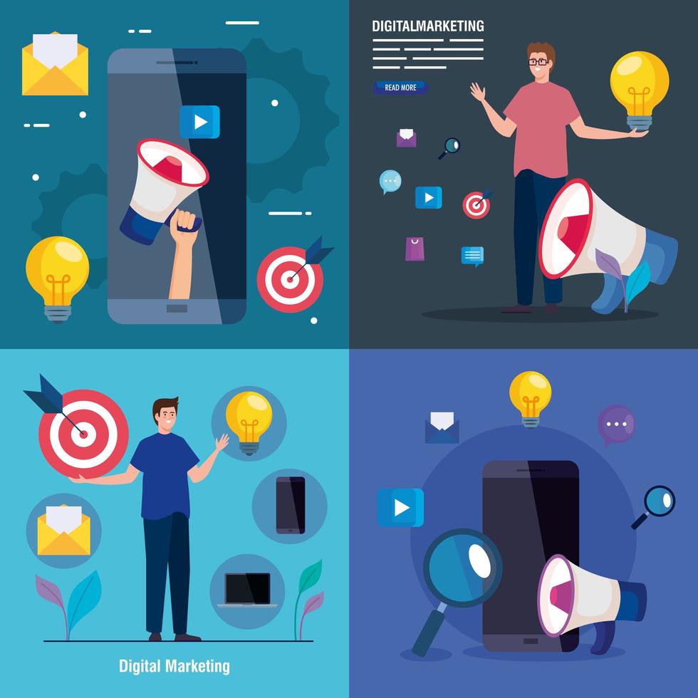 Smartphones and men avatars with icon set of digital marketing vector design