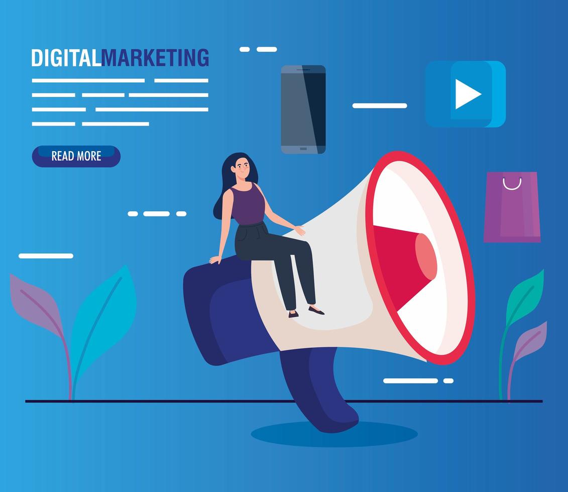 woman with megaphone and icon set of digital marketing vector design
