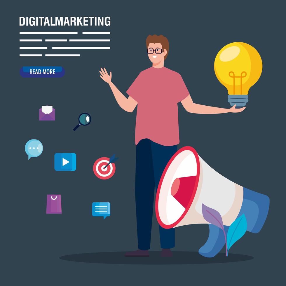 Hombre con megáfono y conjunto de iconos de diseño vectorial de marketing digital vector