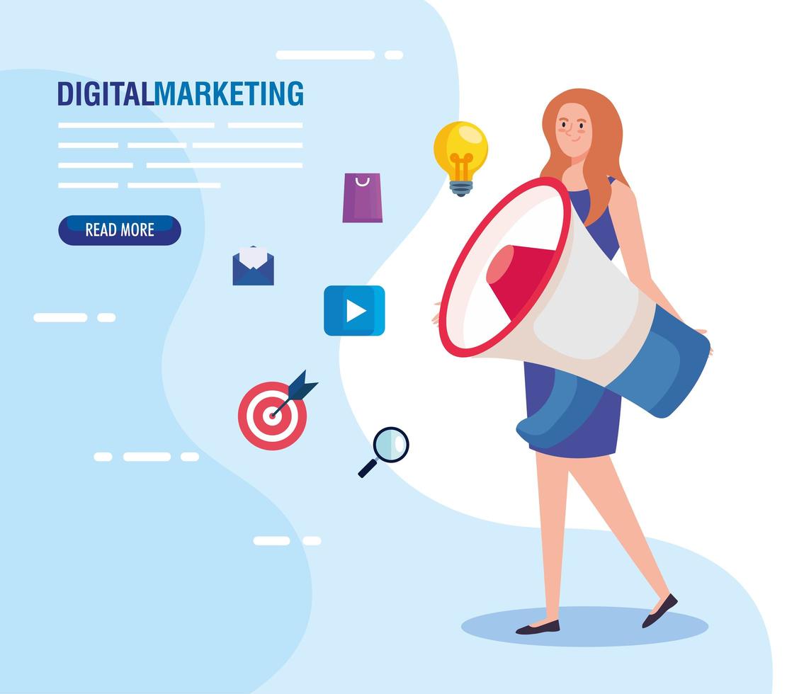 woman with megaphone and icon set of digital marketing vector design