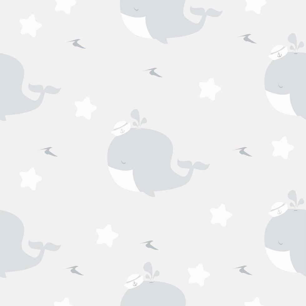 Cute little whale with hat vector seamless pattern