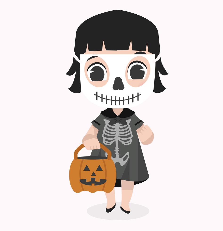 niña vestida con traje de skeletom y máscara de calavera vector