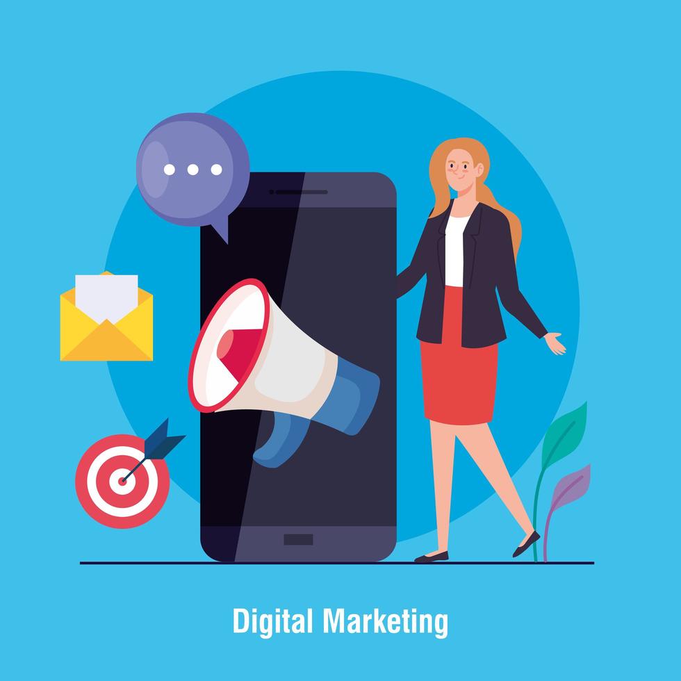 Mujer con teléfono inteligente y conjunto de iconos de diseño vectorial de marketing digital vector