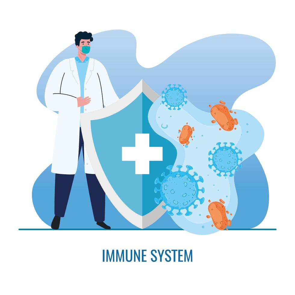 Male doctor with medical mask and shield with cross vector design