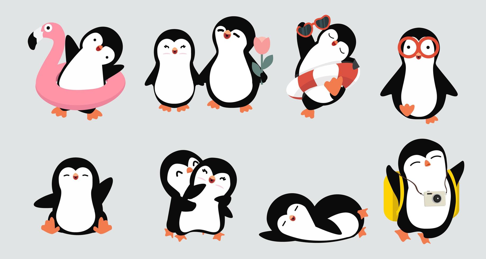 linda colección de poses de pingüinos dibujados a mano vector