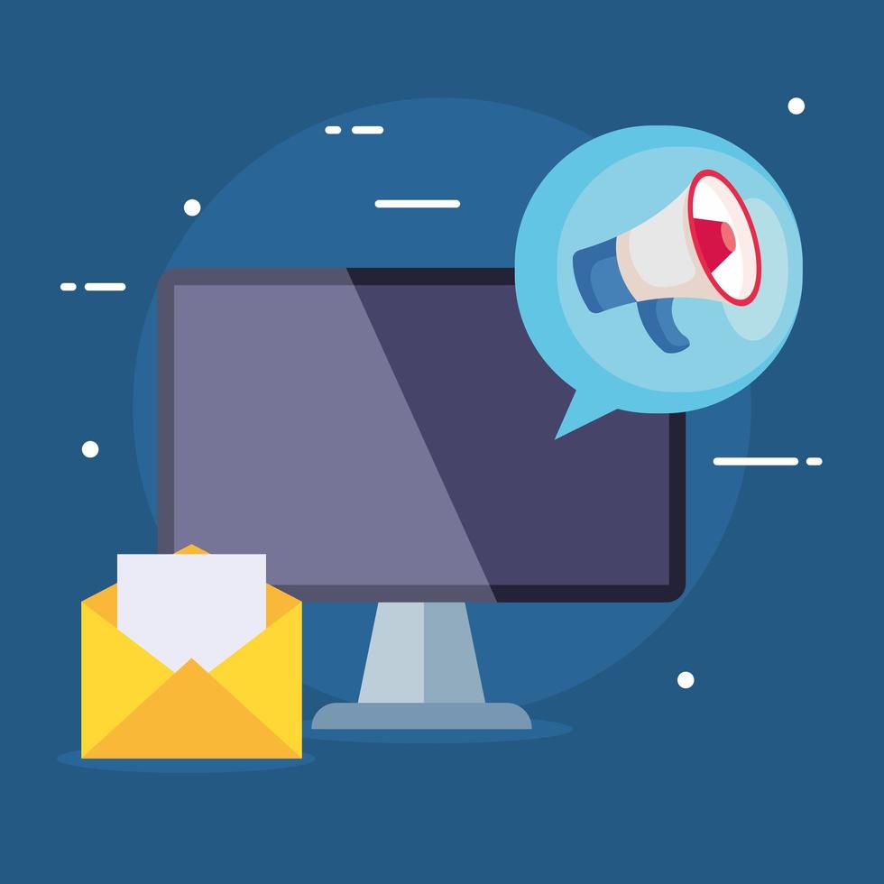 Computer with megaphone and envelope of digital marketing vector design