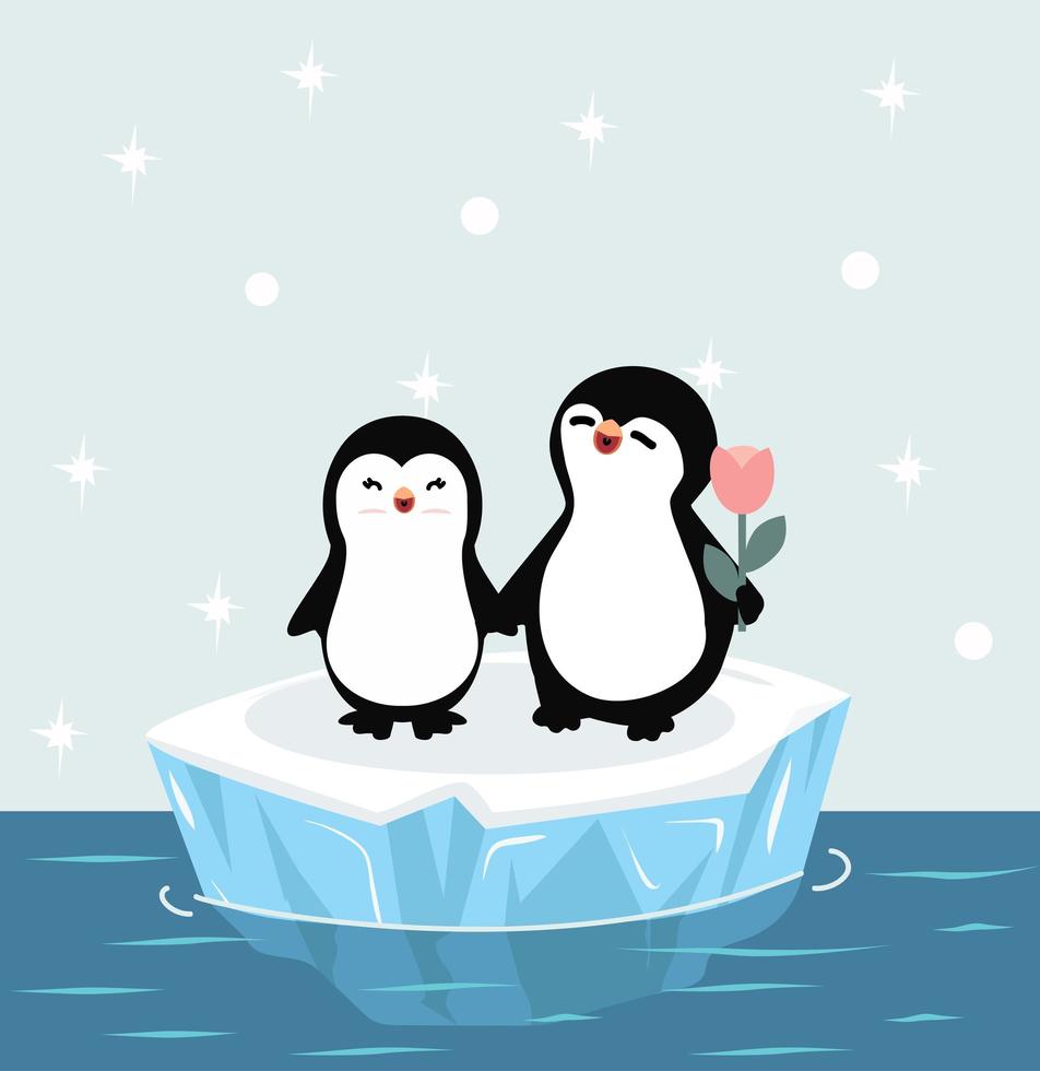 Linda pareja de pingüinos felices en témpano de hielo vector