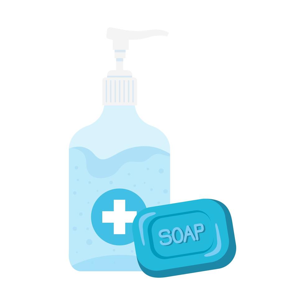 Hands sanitizer bottle and soap bar vector design