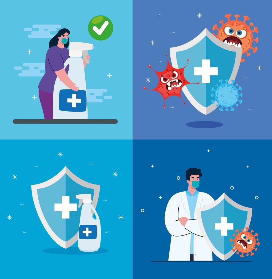 woman and male doctor with mask hands sanitizer and shields vector design