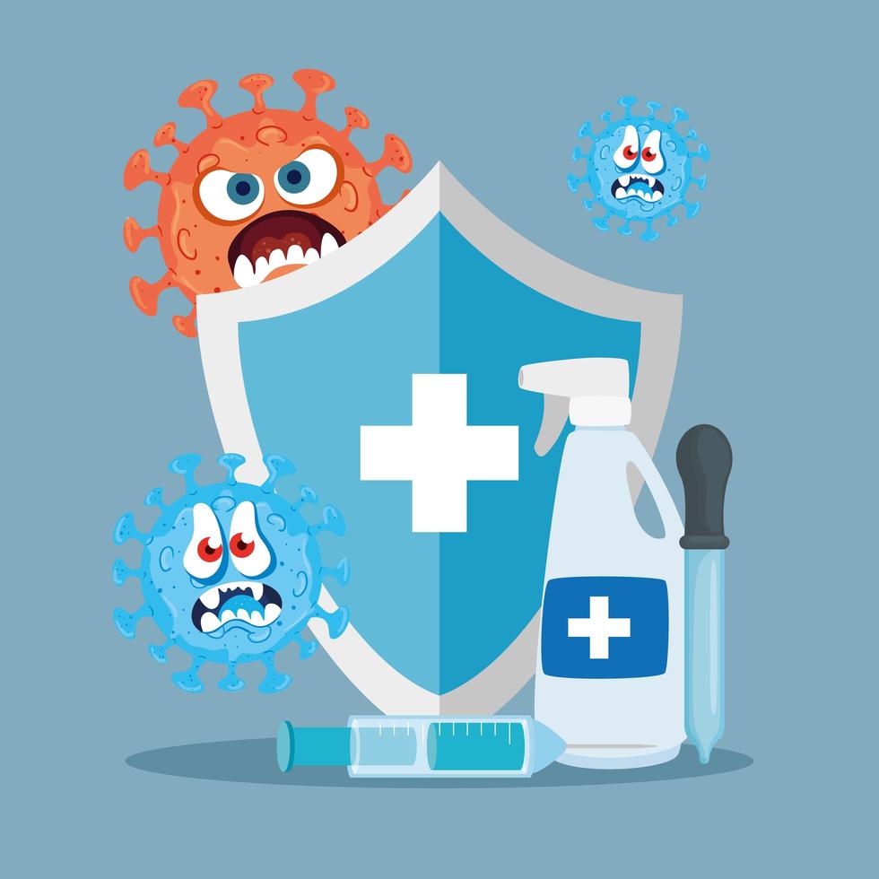 Shield hands sanitizer and covid 19 virus cartoons vector design