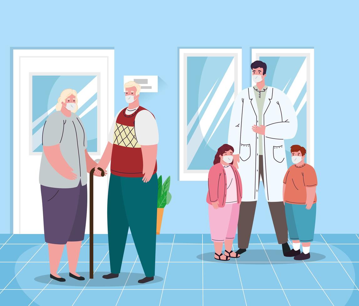 male doctor old people and kids with masks vector design