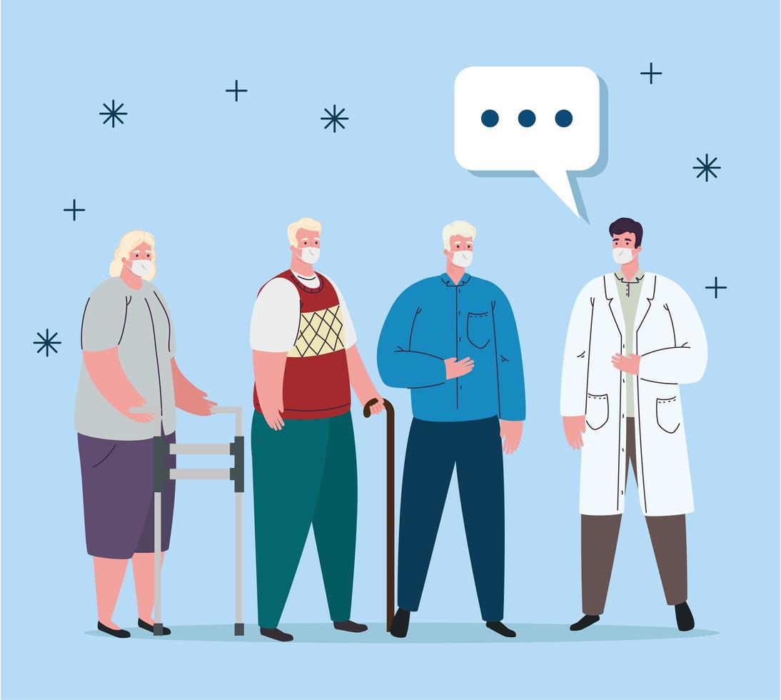 old people and male doctor with masks and bubble vector design