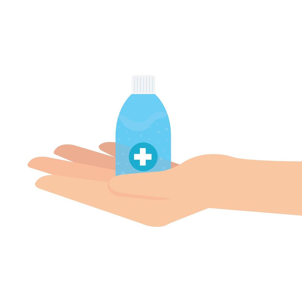 Hand holding sanitizer bottle with hands vector design