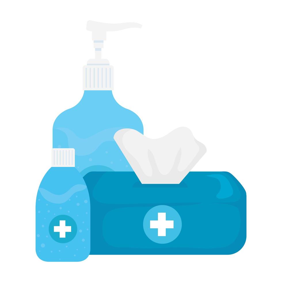 Hands sanitizer bottle and tissues box vector design