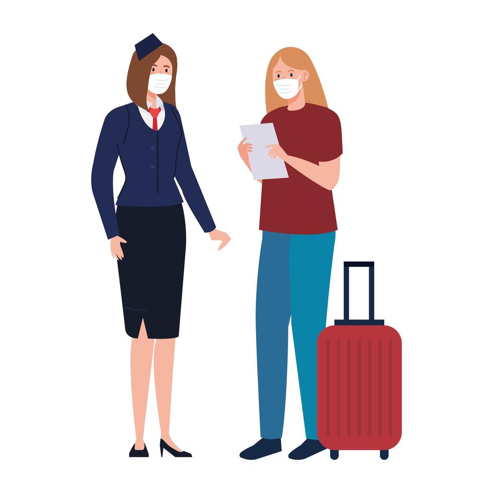 Stewardess and woman with medical mask and bag vector design