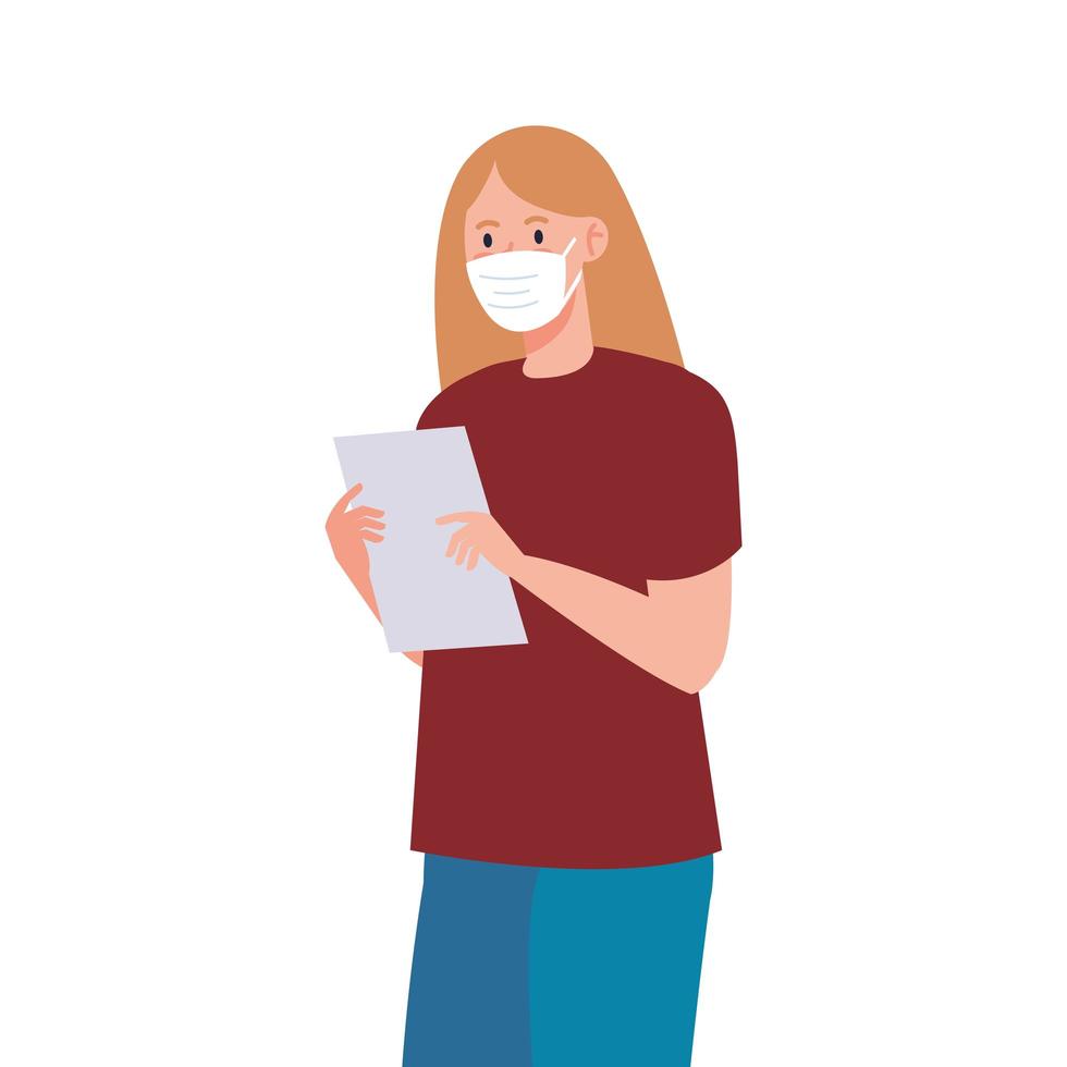 avatar de mujer con máscara médica y diseño de vector de papel