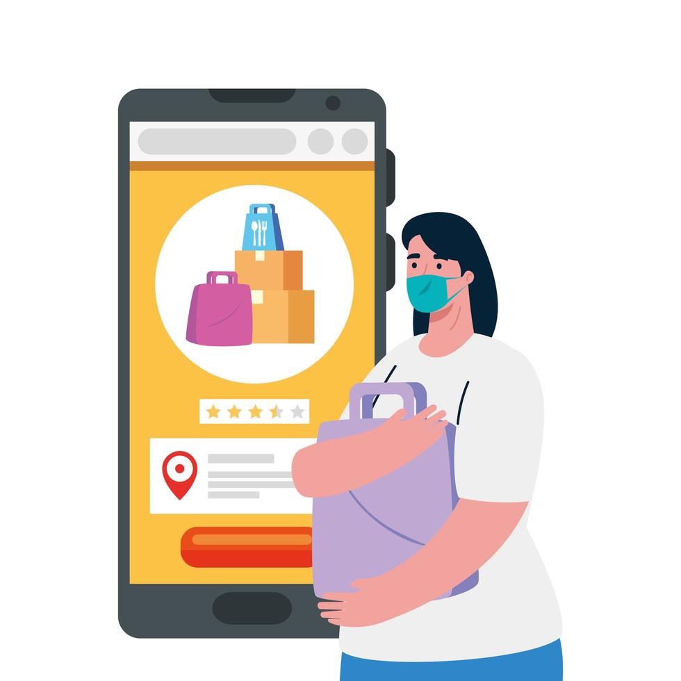 Woman client with mask and smartphone with boxes and bags vector design