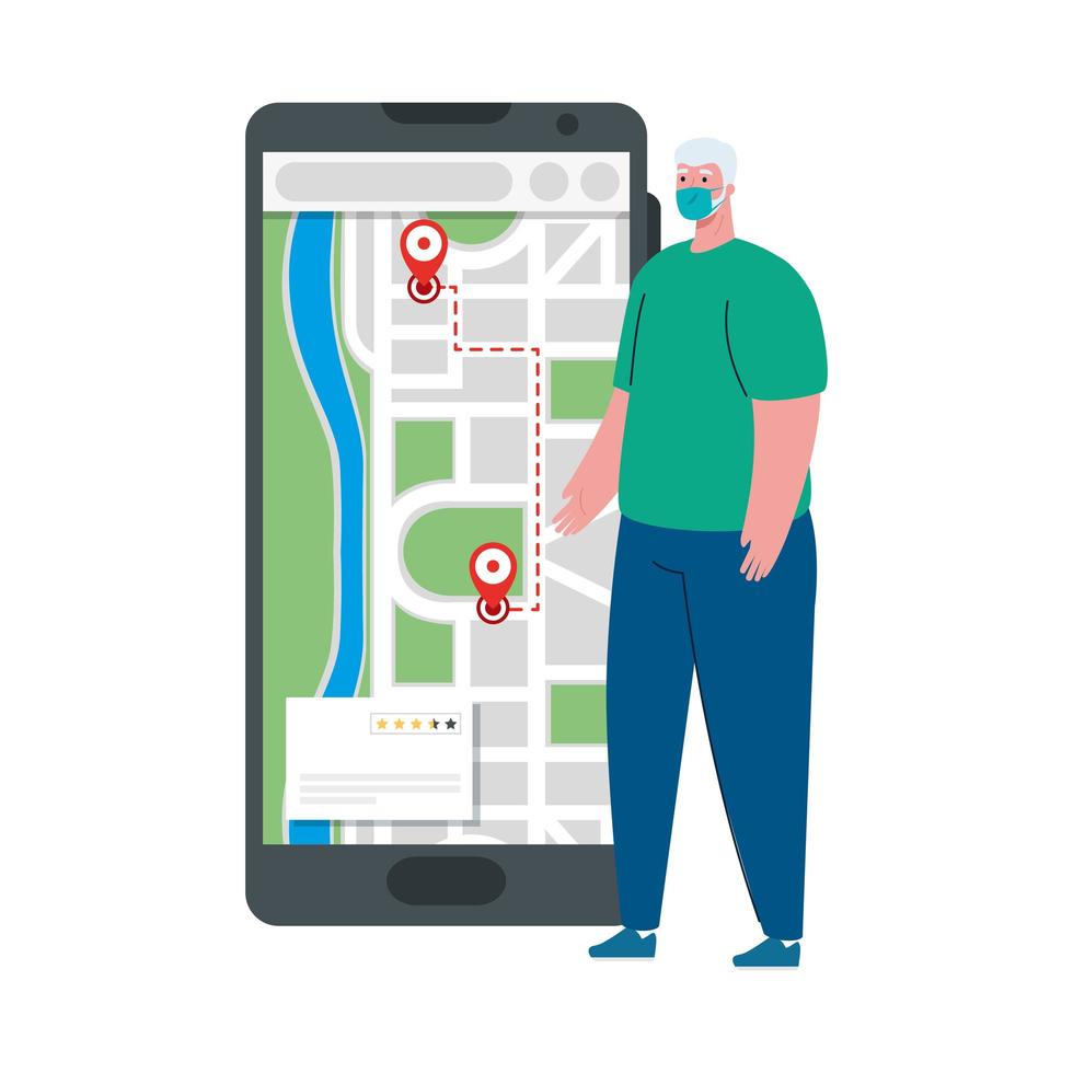 man client with mask and smartphone with gps marks vector design