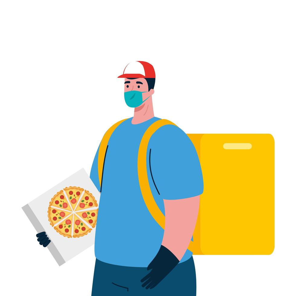 Delivery man with mask and pizza box vector design