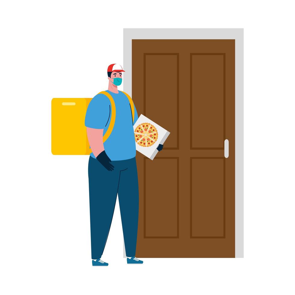 Delivery man with mask and pizza box in front of door vector design