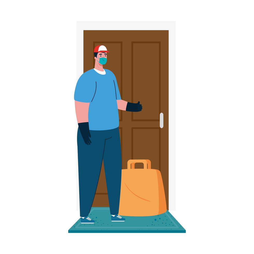 Delivery man with mask and bag in front of door vector design