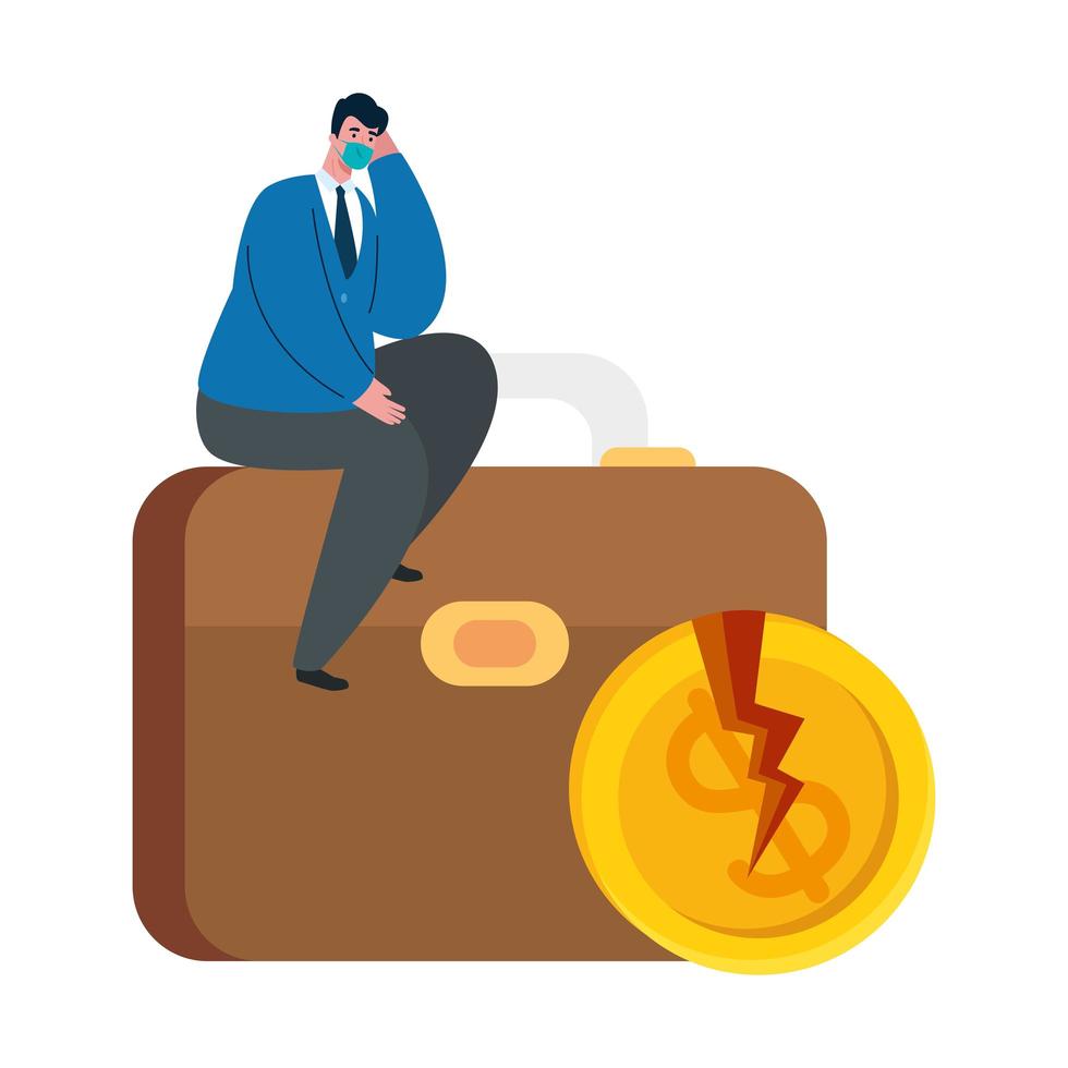 businessman with mask suitcase and broken coin of bankruptcy vector design