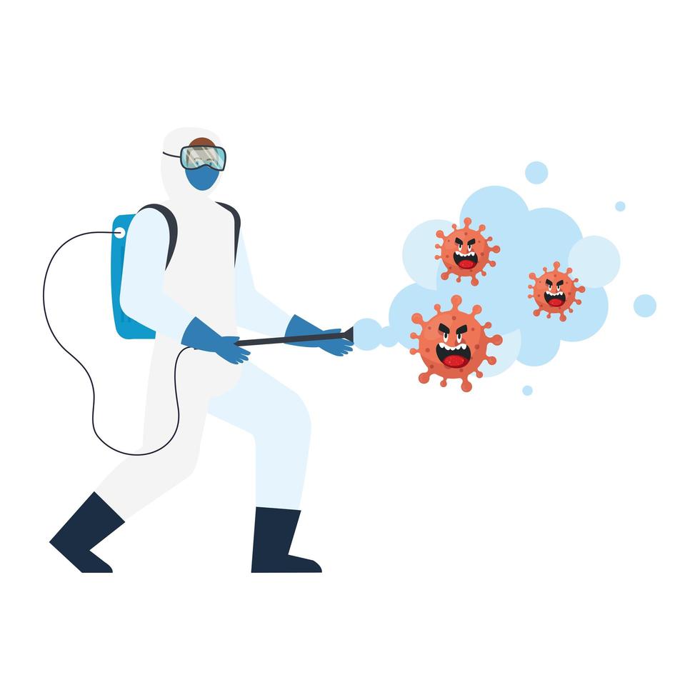 Man with protective suit spraying covid 19 virus cartoons vector design