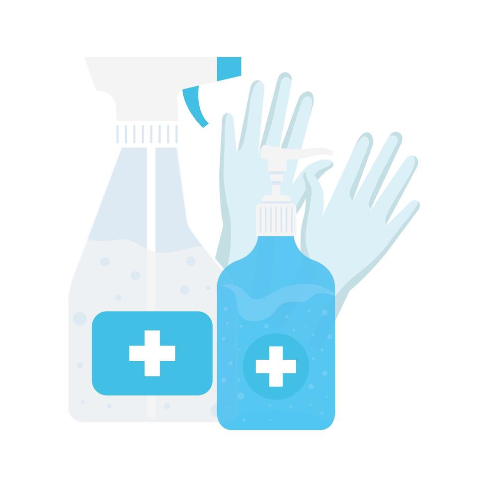 Hands sanitizer bottles and gloves vector design