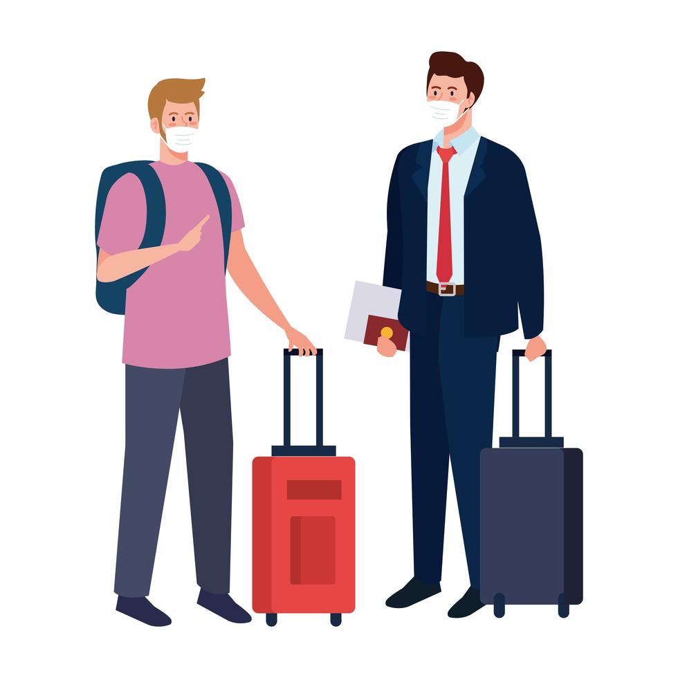 men with medical masks and bags vector design