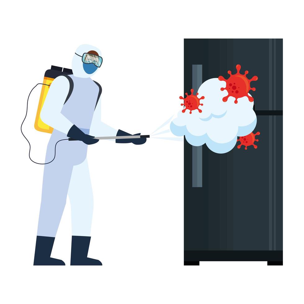 Man with protective suit spraying fridge with covid 19 virus vector design