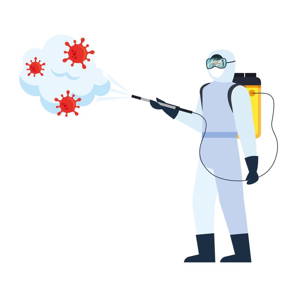 Man with protective suit spraying covid 19 virus vector design