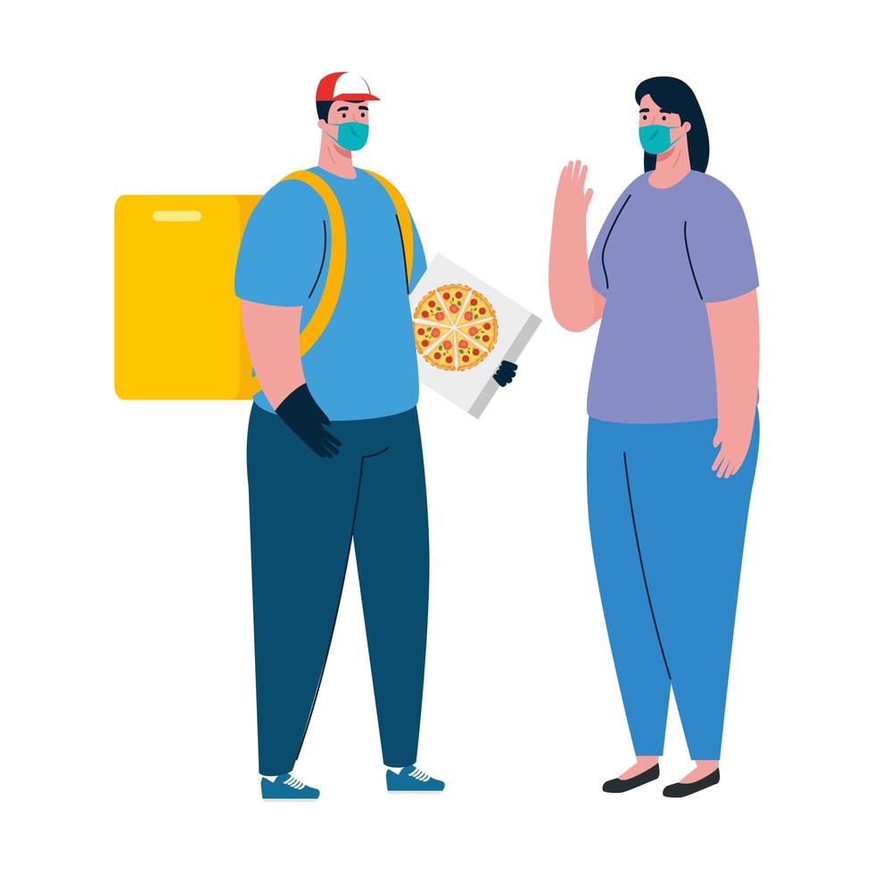 Repartidor de hombre y mujer con diseño de vector de máscara y caja de pizza