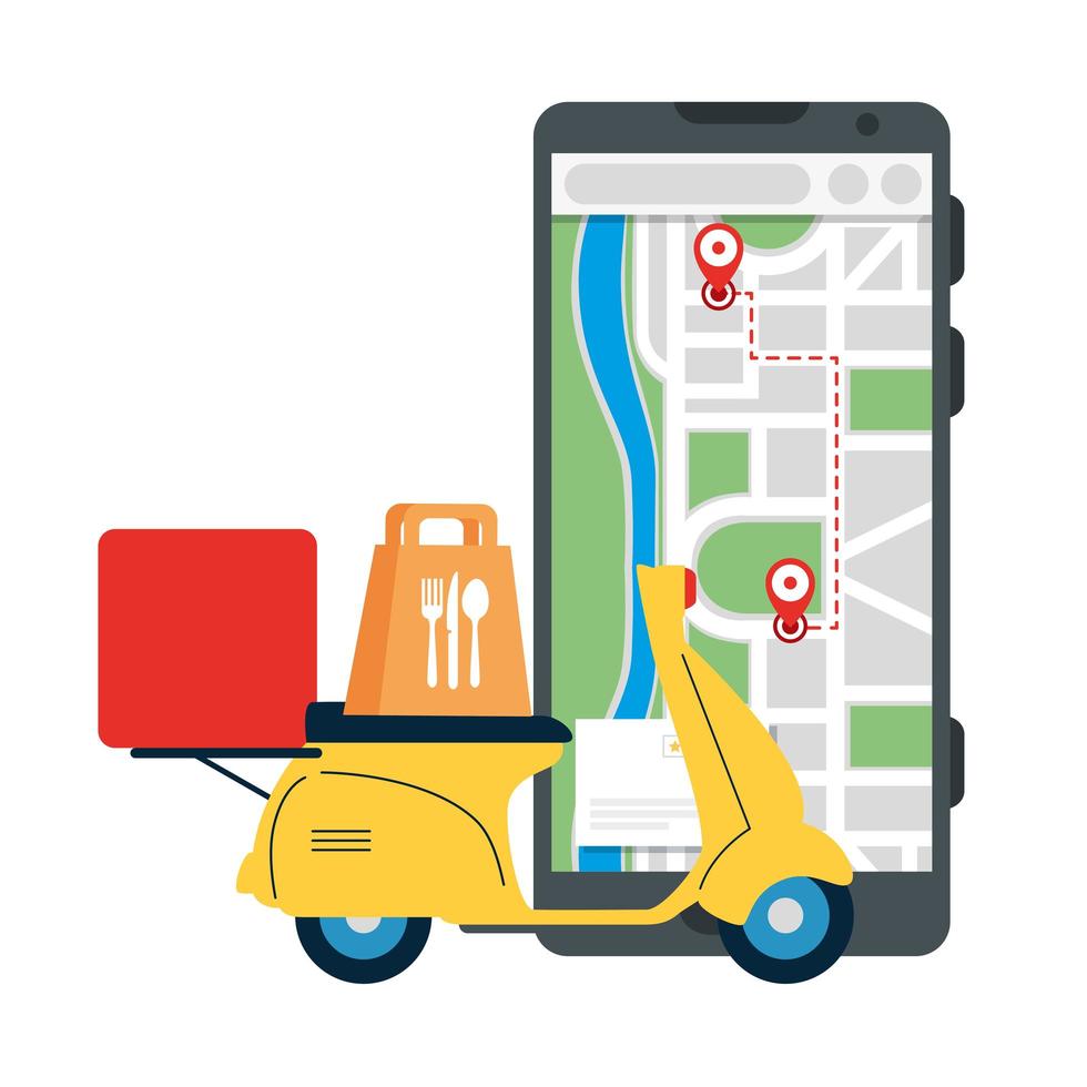 smartphone with gps marks motorcycle and food bag vector design