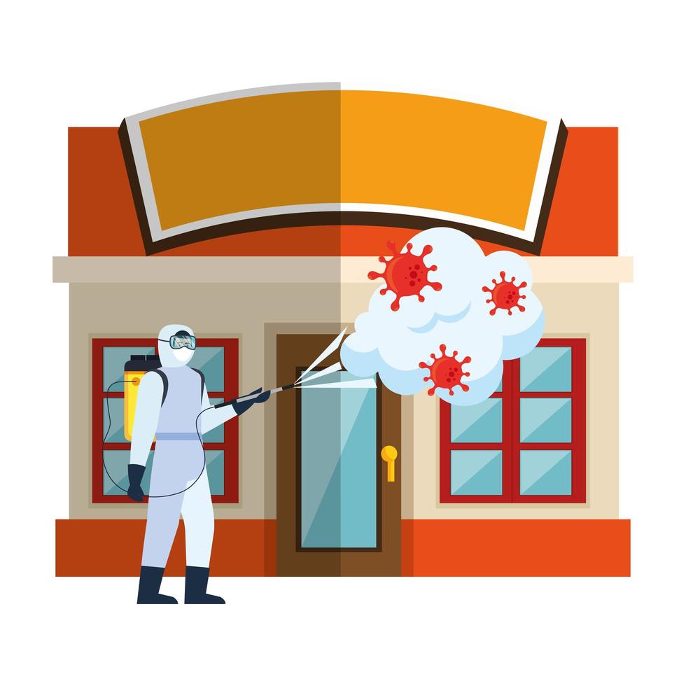 Man with protective suit spraying store with covid 19 virus vector design