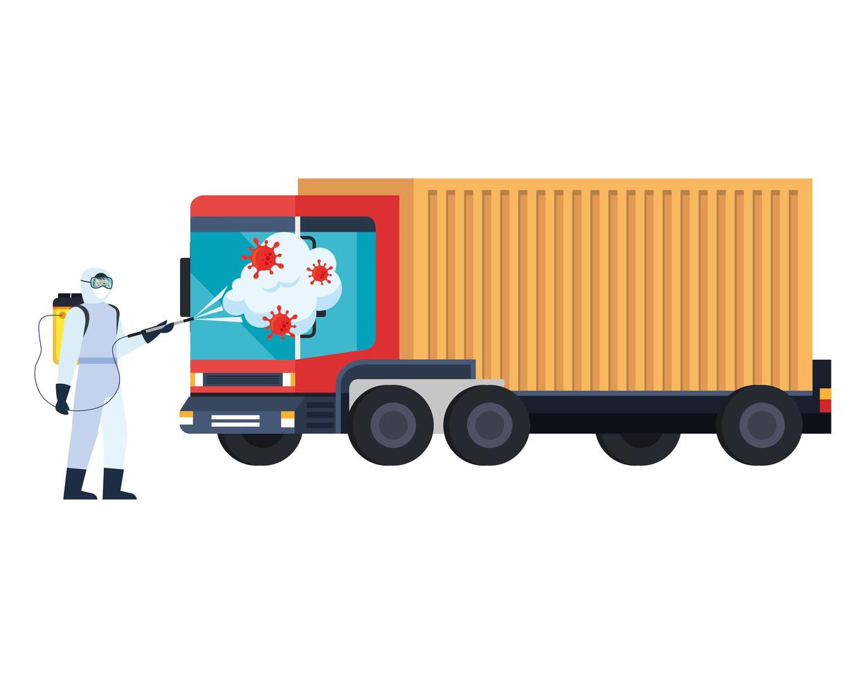 Man with protective suit spraying delivery truck with covid 19 virus vector design