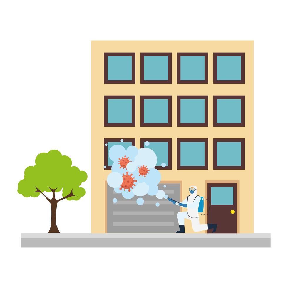 Man with protective suit spraying building with covid 19 virus vector design