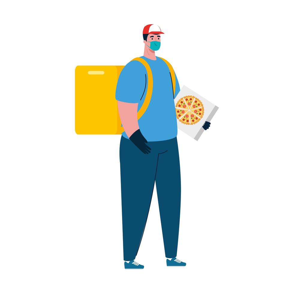 Delivery man with mask and pizza box vector design