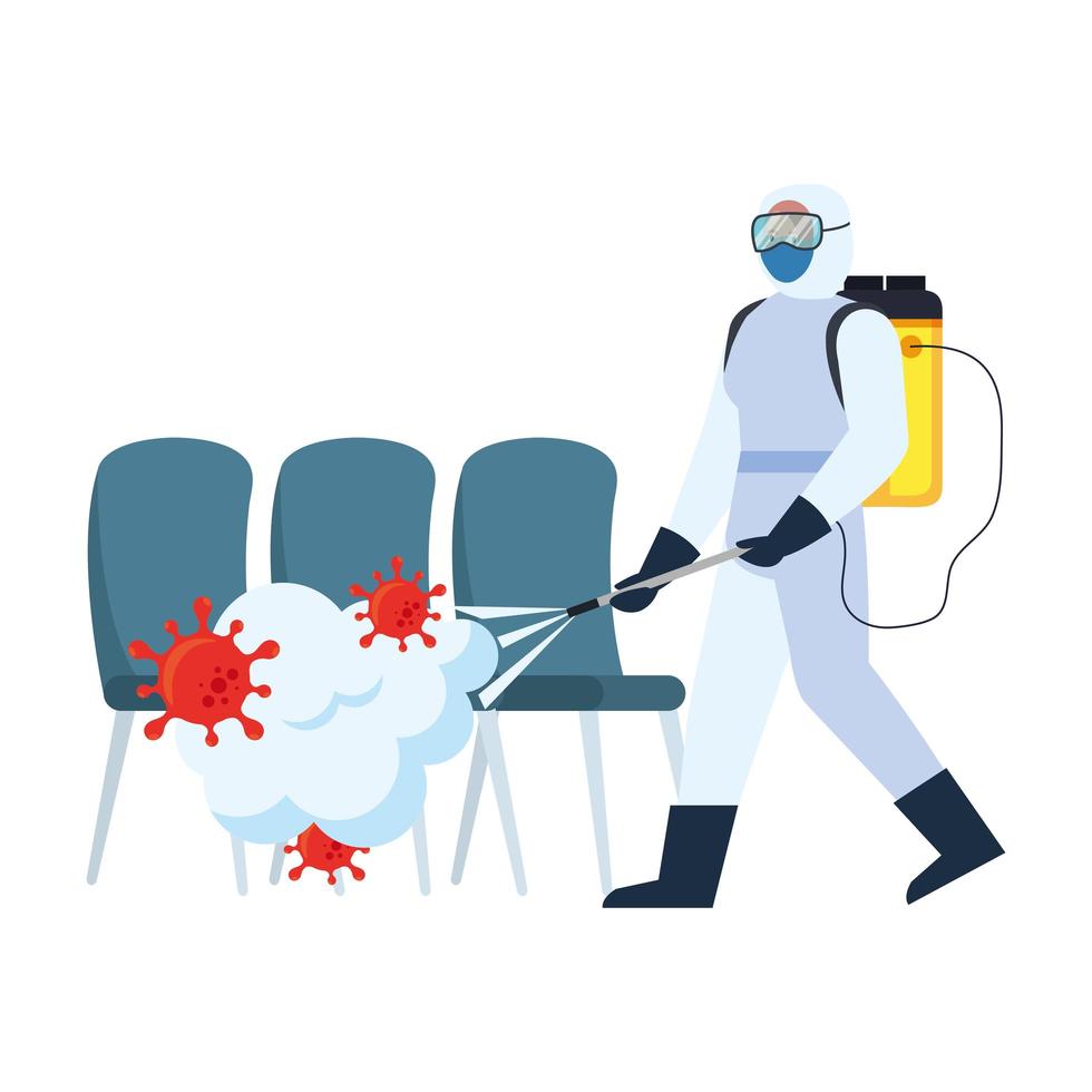 Man with protective suit spraying chairs with covid 19 virus vector design