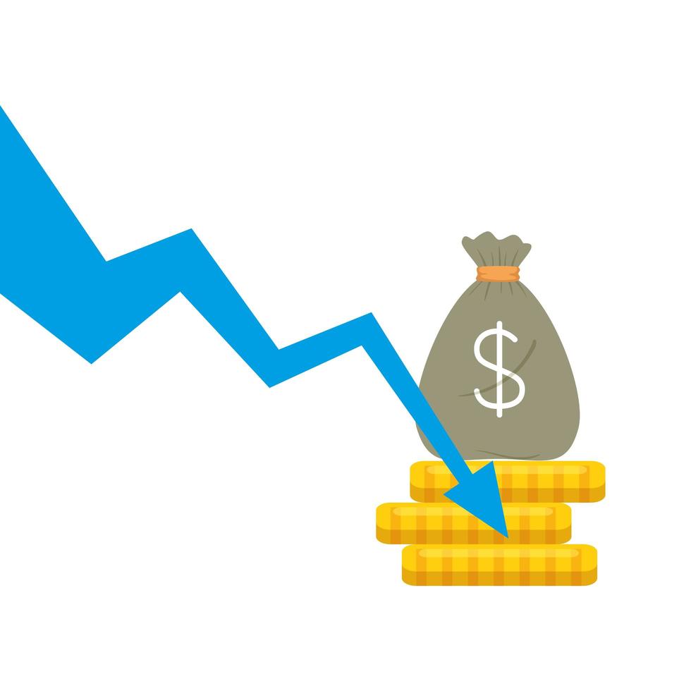 money bag and coins with decrease arrow vector design