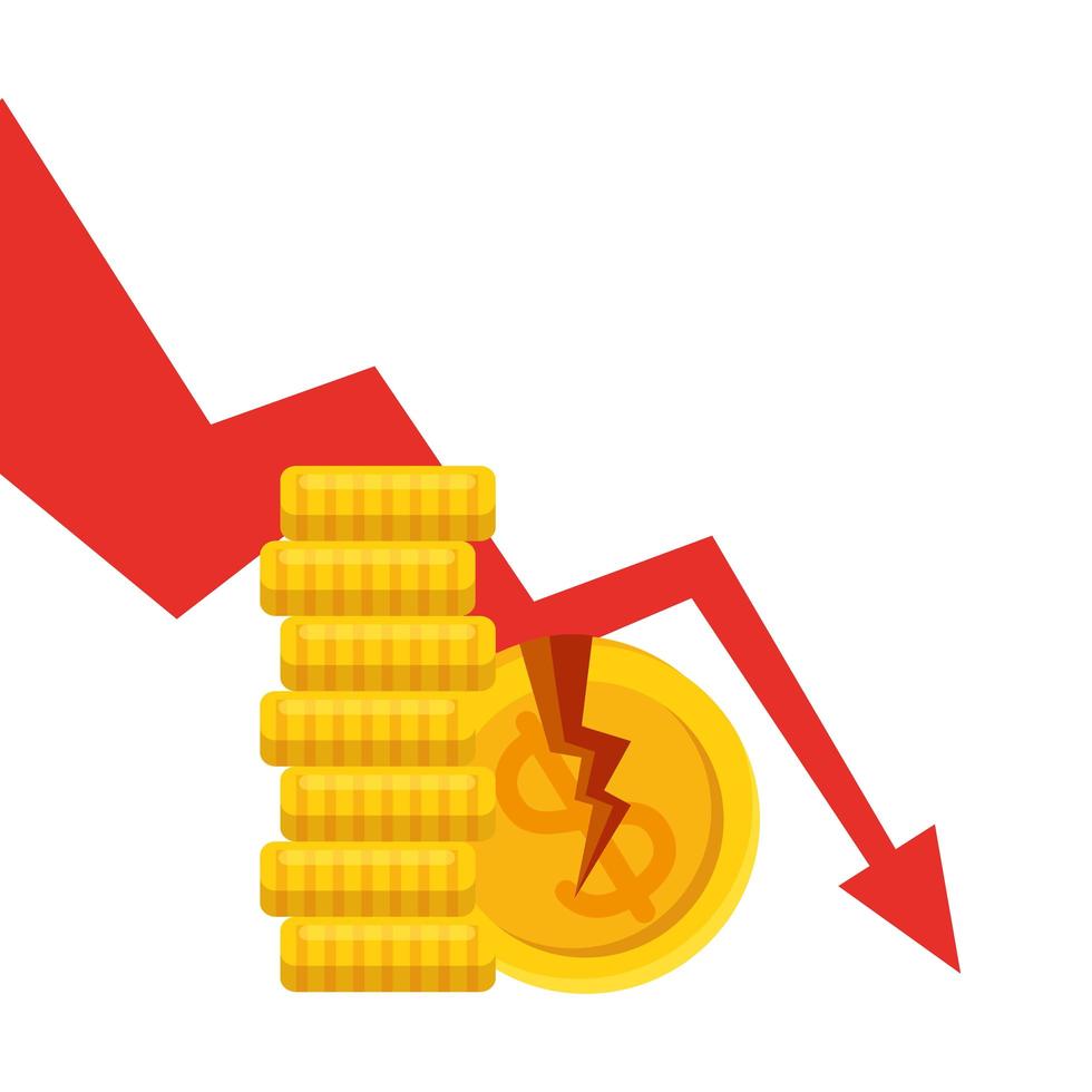 monedas de dólar rotas y flecha decreciente de diseño vectorial de quiebra vector