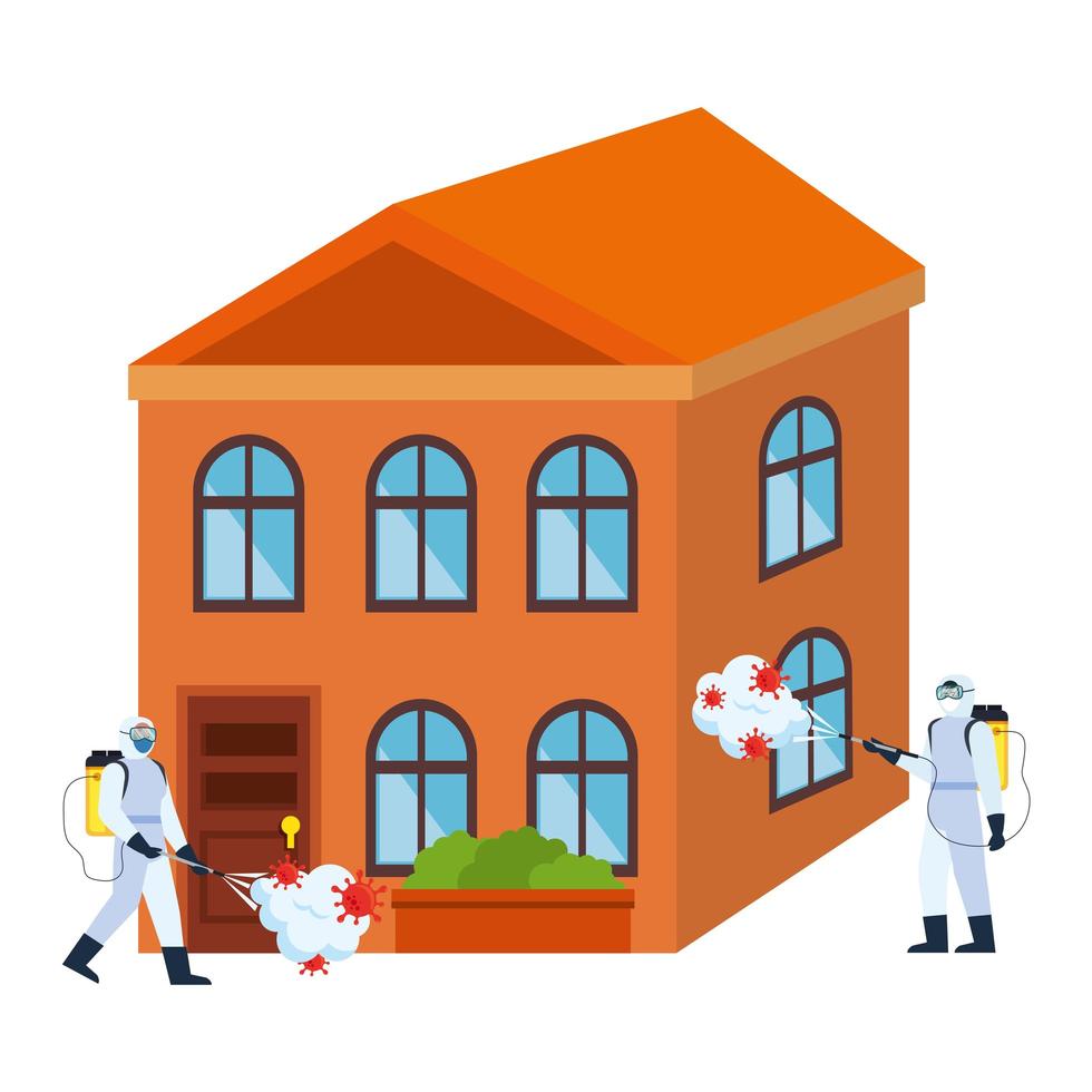 Men with protective suit spraying house with covid 19 virus vector design