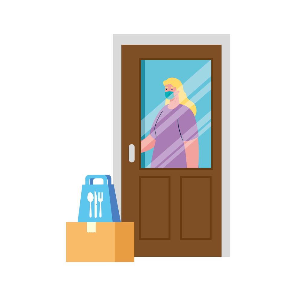 Woman client with mask behind door boxes and food bag vector design