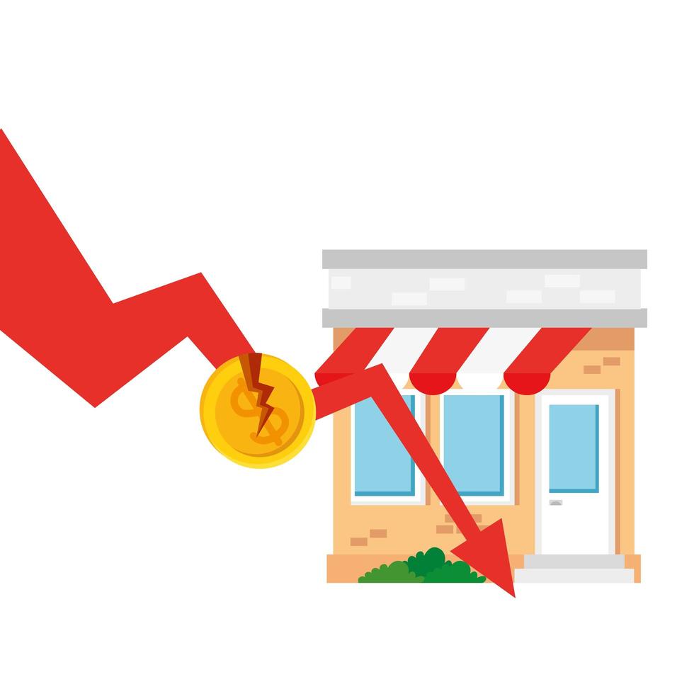 broken dollar coin store and decrease arrow of bankruptcy vector design