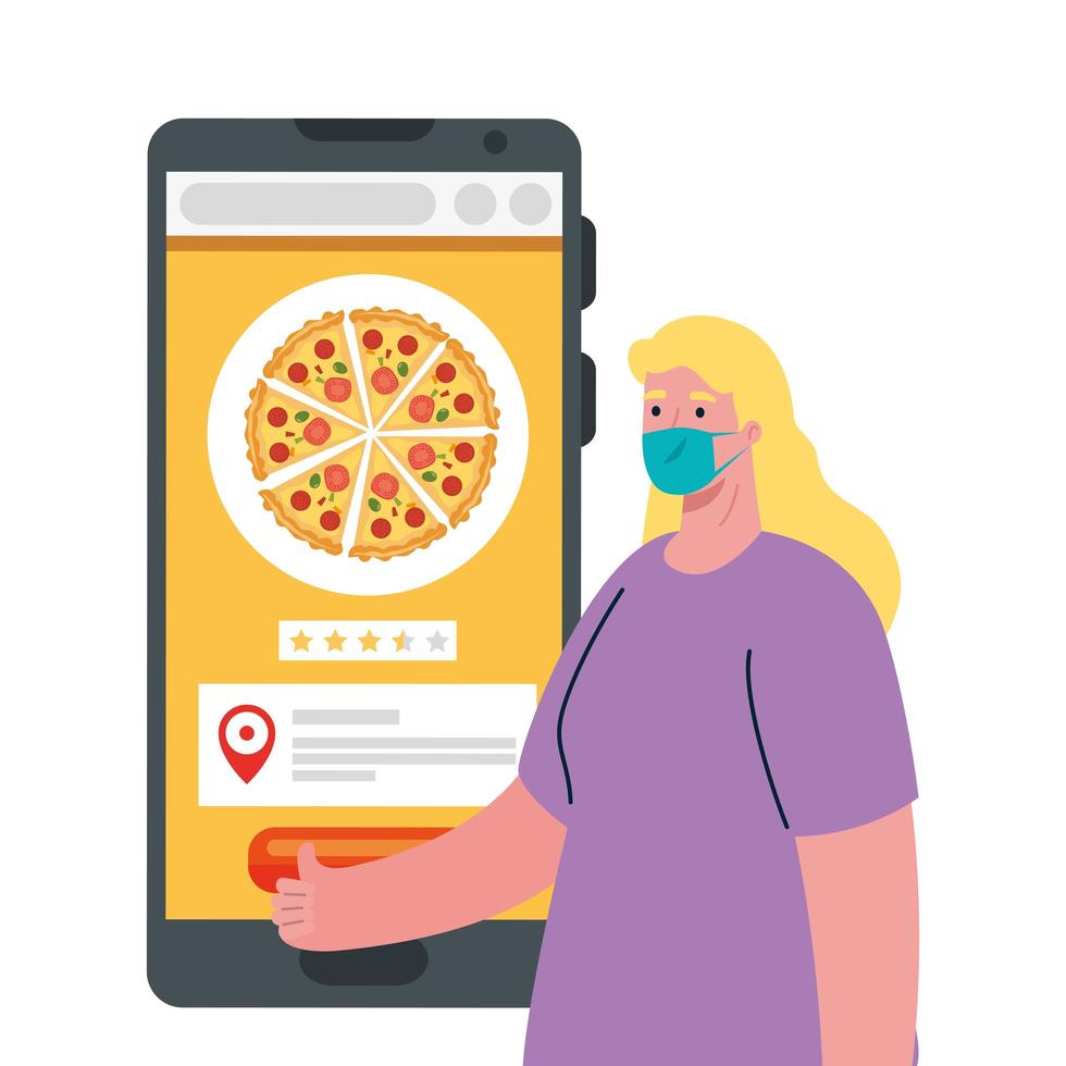 cliente mujer con máscara y teléfono inteligente con diseño de vector de pizza