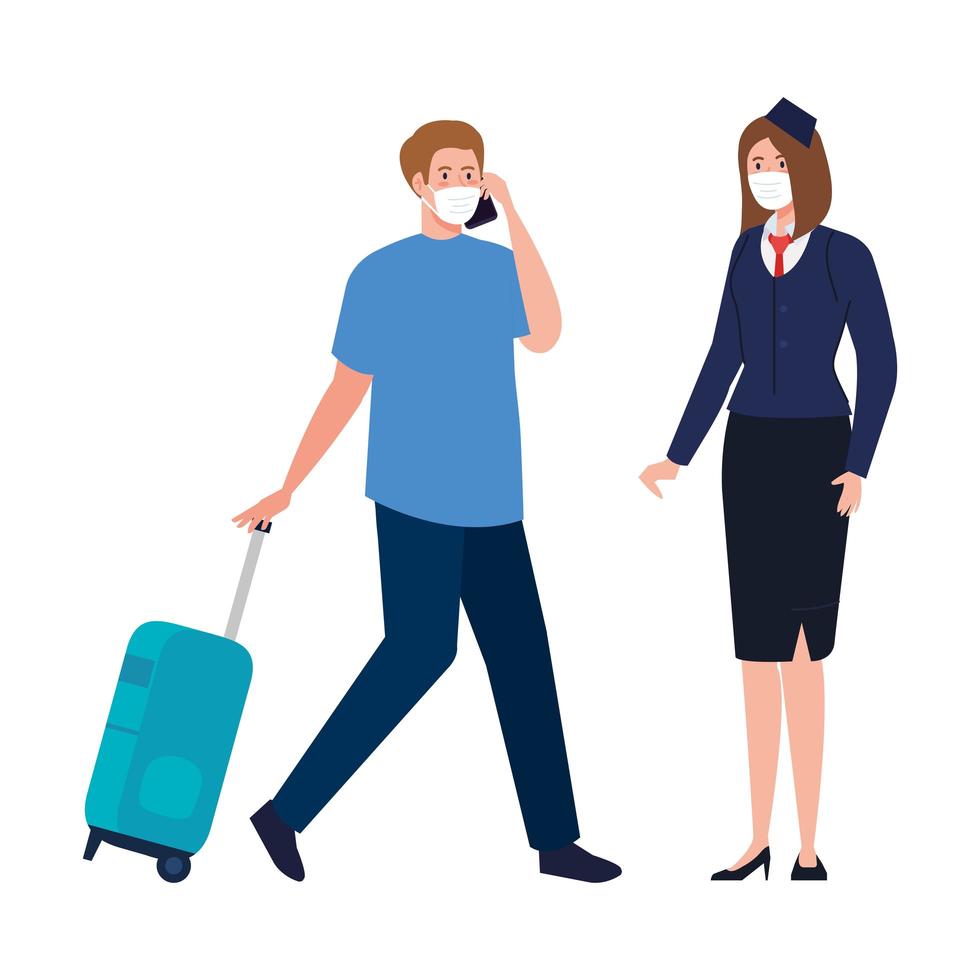Stewardess and man with medical mask and bag vector design