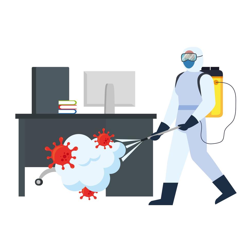 Man with protective suit spraying reception with covid 19 virus vector design