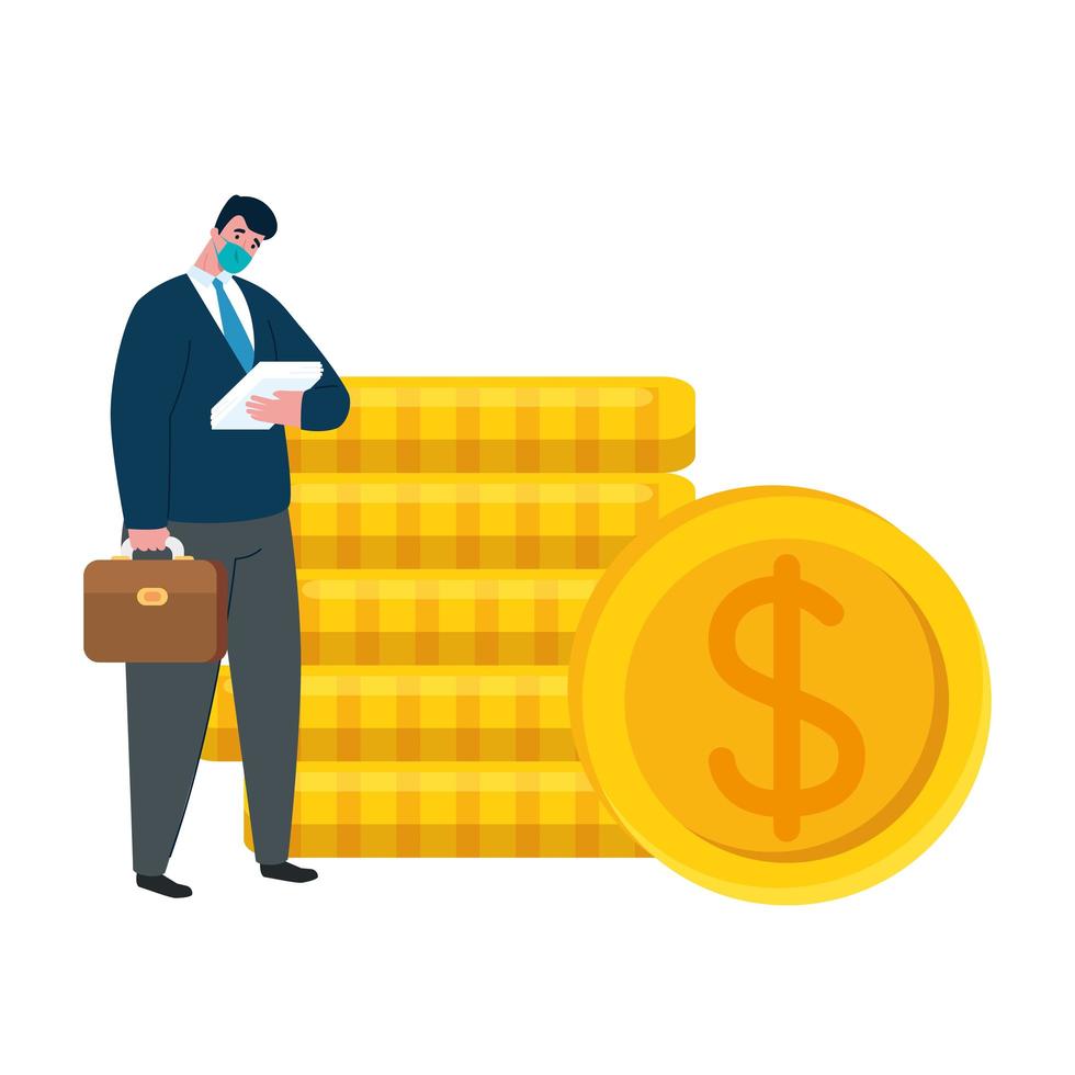 businessman with mask and coins of bankruptcy vector design