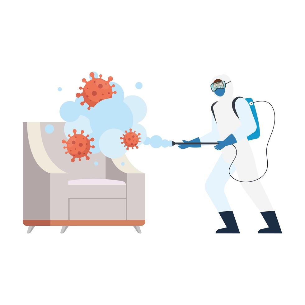 Man with protective suit spraying home chair with covid 19 virus vector design