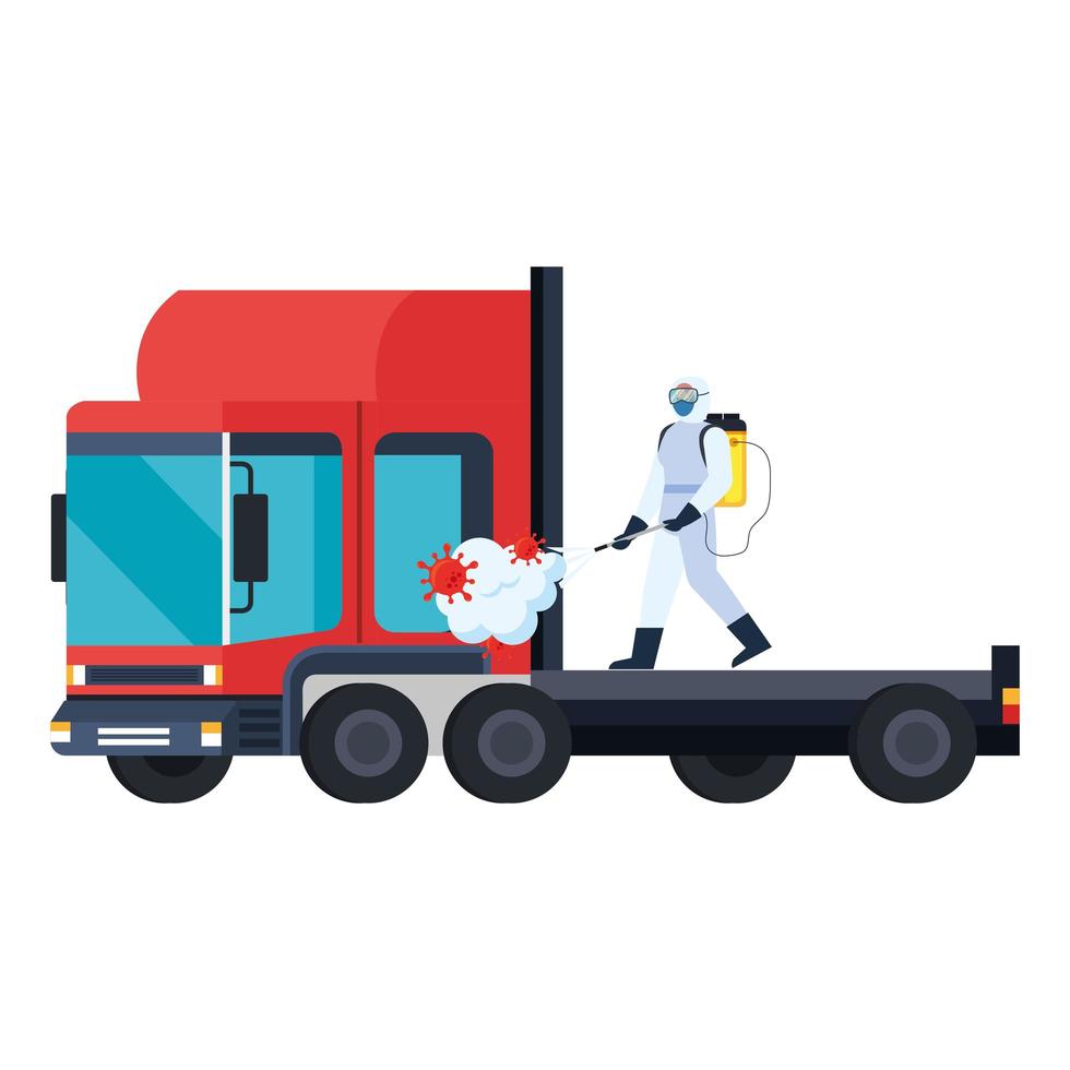 Man with protective suit spraying delivery truck with covid 19 virus vector design